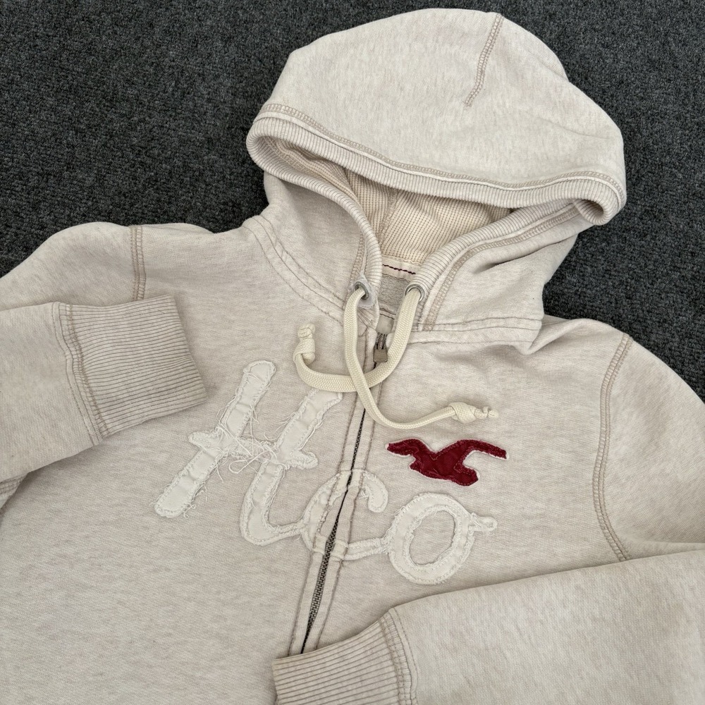 VTG Hollister Womens Zip Up Hoodie Large Y2K Preppy 3D Logo Seagull Distressed‎
